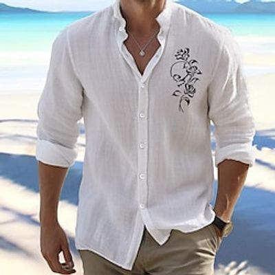 Rose Casual Men's Shirt Linen Shirt Button Up Shirt Outdoor Daily Wear Vacation Spring   Fall Standing Collar Long Sleeve Black, White, Pink S, M, L Linen Cotton Blend Shirt Lightinthebox