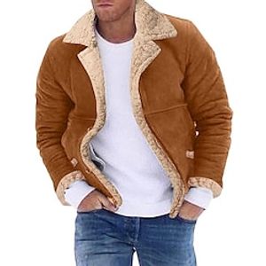 Men's Faux Fur Flannel Fleece Jacket School Wear Wearproof Winter Solid  Plain Color Faux Leather Comfort Lapel Regular Black Brown Coffee Jacket Lightinthebox