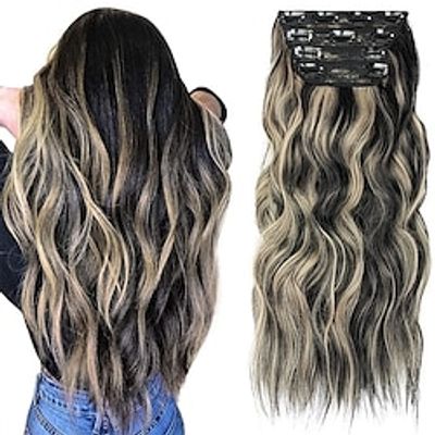 Clip in Hair Extensions Black Mix Blonde (Black with Blonde Highlights) Hairpieces for Women Long Wavy Hair Extensions Synthetic miniinthebox