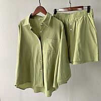 Women's Loungewear Sets 1 set Pure Color Simple Fashion Home Daily Going out Polyester Breathable Gift Lapel Short Pant Shirt Pocket Elastic Waist Spring Summer Green Blue Lightinthebox - thumbnail