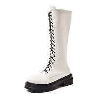 Women's Boots Daily Combat Boots Plus Size Knee High Boots Winter Lace-up Block Heel Round Toe Casual PU Leather Zipper Solid Colored Black White Lightinthebox - thumbnail