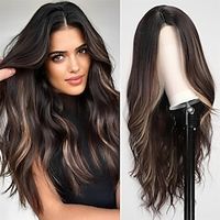 Long Brown Highlight Wavy Wig for Women Middle Part Curly Wavy Wig Natural Looking Synthetic Heat Resistant Fiber Wig for Daily Party Use Lightinthebox