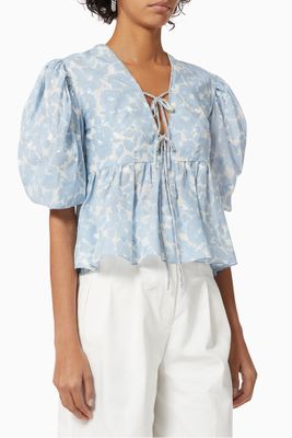 Floral Blouse with Crystal Embroidery in Cotton