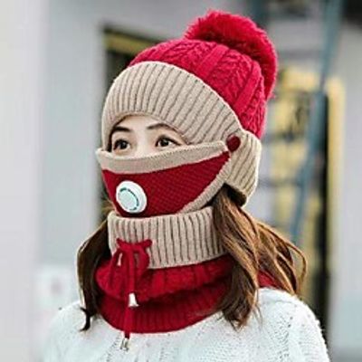 3PcsSet Women Winter Knitted Hat Pompom Beanie Warm Scarf Anti Haze Face Cover Knitted Beanie Hat Face Neck Warmer Set Mask Neck Gaiters Beanies Scarf Fleece Lining Ski Caps with Pompom Lightinthebox