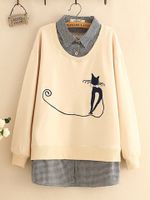 Cat Embroidery Fake Two Pieces Women Blouses