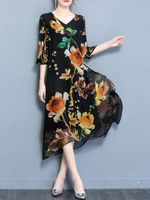 O-NEWE Elegant Printed V-Neck Chiffon Dress