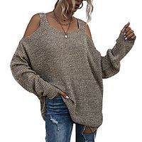 Women's Sweater Knitted Solid Color Stylish Cotton Long Sleeve Sweater Cardigans Square Neck Fall Wine Khaki Dark Gray / Going out miniinthebox - thumbnail