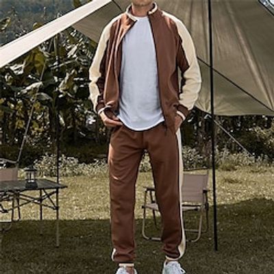 Men's Tracksuit Sweatsuit Jogging Suits Black Navy Blue Royal Blue Blue Coffee Standing Collar Color Block Patchwork 2 Piece Sports  Outdoor Daily Holiday Streetwear Cool Casual Spring   Fall Lightinthebox