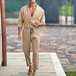 Men's Linen Pants Trousers Summer Pants Beach Pants Set Pocket Drawstring Elastic Waist Plain Comfort Breathable Daily Holiday Vacation Hawaiian Boho Khaki Lightinthebox