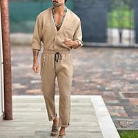 Men's Linen Pants Trousers Summer Pants Beach Pants Set Pocket Drawstring Elastic Waist Plain Comfort Breathable Daily Holiday Vacation Hawaiian Boho Khaki Lightinthebox