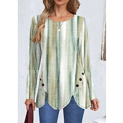 Women's T shirt Tee Graphic Yellow Green Print Button Long Sleeve Daily Weekend Fashion Round Neck Regular Fit Spring   Fall Lightinthebox