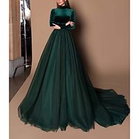 Ball Gown Beautiful Back Elegant Wedding Guest Formal Evening Dress High Neck Long Sleeve Court Train Tulle Velvet with Pleats Solid 2021 miniinthebox - thumbnail