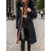Women's Long Puffer Thicken Winter Coat Thermal Warm Parka with Fur Collar Drawstring Zipper Outerwear with Pocket Hoodie Outerwear Long Sleeve Fall Black Lightinthebox - thumbnail