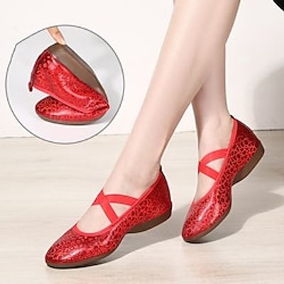 Women's Dance Shoes Practice Yoga Square Dance Plus Size Stylish Flat Heel Round Toe Elastic Band Silver Red Gold miniinthebox