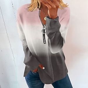 Women's T shirt Tee Pink Red Blue Color Gradient Quarter Zip Print Long Sleeve Daily Weekend Basic Round Neck Regular Painting S Lightinthebox