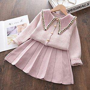 Kids Toddler Girls' Clothing Set 2 Pieces Long Sleeve Blue Blushing Pink Solid Color Pleated Casual / Daily Cute Sweet Regular 2-8 Years miniinthebox