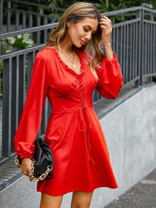 YOINS Red Lace-up Ruffle Trim V-neck Lantern Sleeves Dress