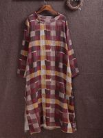 Vintage Plaid Long Sleeve O-neck Split Women Dresses