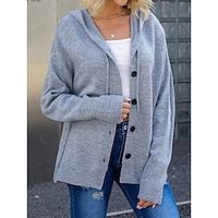 Women's Cardigan Coat Hooded Ribbed Knit Polyester Button Knitted Fall Winter Regular Outdoor Daily Going out Stylish Casual Soft Long Sleeve Pure Color Gray S M L miniinthebox - thumbnail