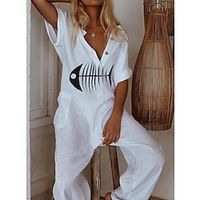 Women's Jumpsuit Pocket Print Shirt Collar Casual Daily Holiday Straight Regular Fit Half Sleeve Blue White Black S M L Spring miniinthebox - thumbnail