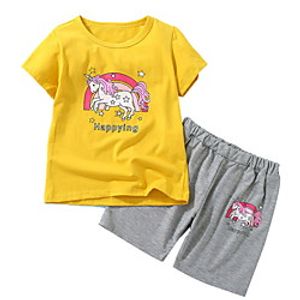 Kids Girls' Clothing Set 2 Pieces Short Sleeve Pink Gold Cartoon Unicorn Letter Print Indoor Outdoor Cute Sweet Regular 2-6 Years miniinthebox