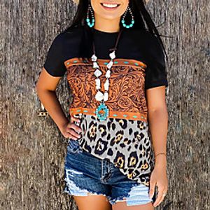 Women's T shirt Color Block Leopard Patchwork Round Neck Basic Tops Green Black miniinthebox