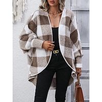 Women's Fleece Sherpa Jacket Teddy Coat Plaid Winter Coat Windproof Thermal Warm Heated Open Front Jacket Long Sleeve Fall Outerwear Khaki Lightinthebox - thumbnail