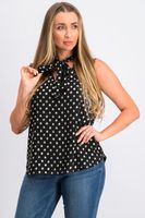 Womens Dot-Print Chiffon Tie-Neck Top  Black/Gold - thumbnail