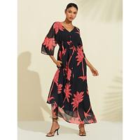 Leaf Flower Print V Neck Maxi Dress Lightinthebox