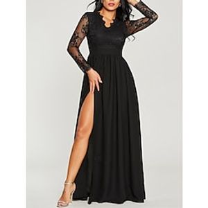 Women's Black Dress Prom Dress Party Dress Lace Dress Long Dress Maxi Dress Black Long Sleeve Pure Color Lace V Neck Fashion Evening Party Lightinthebox