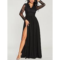 Women's Black Dress Prom Dress Party Dress Lace Dress Long Dress Maxi Dress Black Long Sleeve Pure Color Lace V Neck Fashion Evening Party Lightinthebox - thumbnail