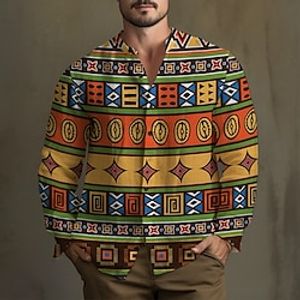 Ethnic Vintage Tribal Men's Shirt Linen Shirt Daily Wear Going out Weekend Spring Standing Collar Long Sleeve Yellow, Pink, Blue S, M, L Slub Fabric Shirt Lightinthebox