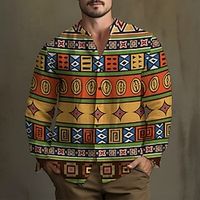 Ethnic Vintage Tribal Men's Shirt Linen Shirt Daily Wear Going out Weekend Spring Standing Collar Long Sleeve Yellow, Pink, Blue S, M, L Slub Fabric Shirt Lightinthebox - thumbnail