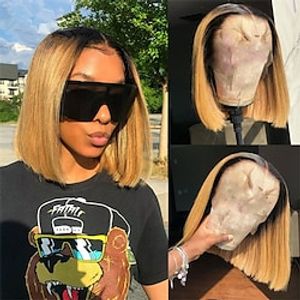 Honey Blonde Bob Wig #1B27 Color Straight Short Bob Wig 13x4 Lace Front Human Hair Wigs Brazilian Straight Glueless Lace Wigs Pre Plucked for Black Women Lightinthebox