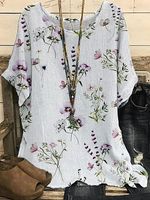 Round Neck Casual Loose Floral Print Short Sleeve Blouse