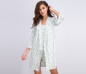 Womens 3 pc Pajamas Set  Green/White