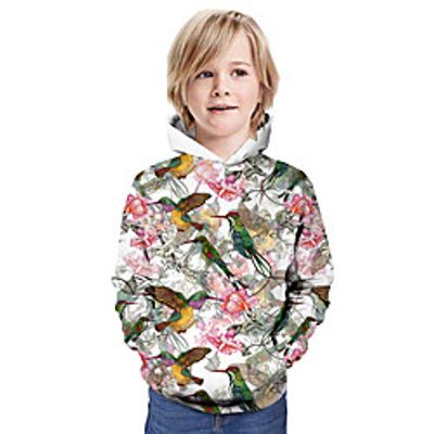 Kids Boys' Hoodie  Sweatshirt Long Sleeve 3D Print Floral Bird Animal Print White Children Tops Summer Active Daily Wear Regular Fit 3-13 Years Lightinthebox