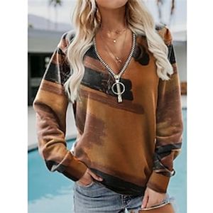 Women's Sweatshirt Casual Print Khaki Geometric Loose Casual Round Neck Long Sleeve Cotton S M L XL XXL 3XL / 3D Print miniinthebox