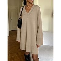Women's Sweater Dress Jumper Ribbed Knit Long Oversized Solid Color V Neck Stylish Casual Outdoor Daily Fall Winter Black Fuchsia S M L Lightinthebox - thumbnail