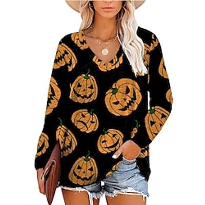 Women's T shirt Tee Pumpkin Halloween Weekend Painting T shirt Tee Long Sleeve Print V Neck Basic Black Yellow Orange S / 3D Print miniinthebox