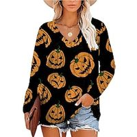 Women's T shirt Tee Pumpkin Halloween Weekend Painting T shirt Tee Long Sleeve Print V Neck Basic Black Yellow Orange S / 3D Print miniinthebox - thumbnail