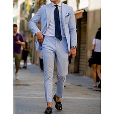 Light Blue Men's Seersucker Wedding Suits Spring Summer Suits Striped 2 Piece Fashion Plus Size Single-Breasted Two-buttons 2023 miniinthebox Light Blue Men's Seersucker Wedding Suits Spring Summer Suits Striped 2 Piece Fashion Plus Size Single-Breasted Two-buttons 2023 miniinthebox
