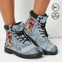 Women's Boots Print Shoes Combat Boots Animal Print Outdoor New Year Daily Cat 3D Booties Ankle Boots Flat Heel Fashion Casual Faux Leather Blue miniinthebox