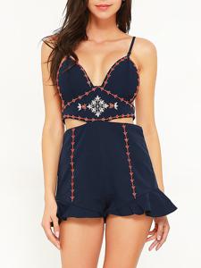 Sexy Women Backless Spaghetti Strap Embroidered Short Jumpsuits