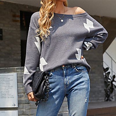 Women's Pullover Sweater Modern Style Lightning Active Casual Long Sleeve Sweater Cardigans Wide collar Fall Spring Blushing Pink khaki Light Gray  Holiday Lightinthebox
