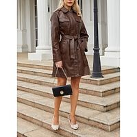 Women's Faux Leather Jacket Belted Lapel Trench Coat Waterproof Winter Coat Thermal Warm Windproof Overcoat Street with Pocket Casual Street Outerwear Long Sleeve Fall Black Lightinthebox - thumbnail