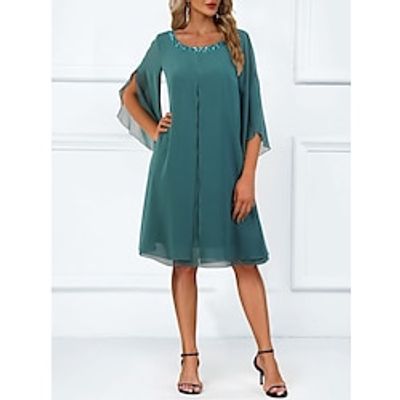 Women's Casual Dress Chiffon Dress Plain Dress Midi Dress Sequins Layered Daily Date Going out Fashion Elegant Crew Neck 34 Length Sleeve 2023 Loose Fit Dark Green Color S M L XL XXL Size Lightinthebox
