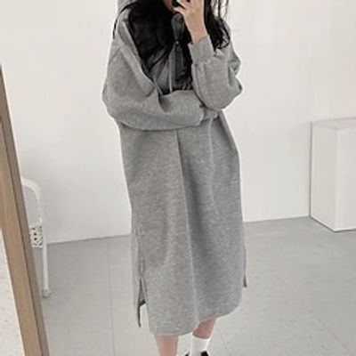 Women's Hoodie Dress Winter Dress Midi Dress Light gray Long Sleeve Pure Color Split Winter Fall Hooded Casual Fall Dress Loose Fit 2022 One-Size Lightinthebox