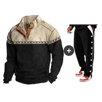 Men's Sweatshirt Hoodies Set Black Standing Collar Plain Patchwork Color Block Sweatpants Joggers Trousers 2 Piece Sports  Outdoor Daily Sports Vintage Streetwear Basic Spring Fall Clothing Apparel Lightinthebox - thumbnail