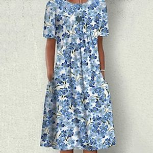 Women's Shift Dress Midi Dress Blue Short Sleeve Floral Pocket Spring Summer Crew Neck Loose Fit 2022 S M L XL XXL 3XL Lightinthebox
